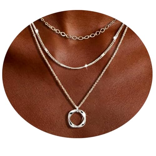 Layered Silver Necklaces for Women Sterling Silver Stackable Stack Choker Necklaces for Women Trendy Layering Circle Pendant Chain Necklace2