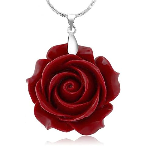 Gem Stone King 35MM Red Simulated Coral Carved Rose Flower Pendant With 16 Inch + 2 Inch Extender Chain Cover