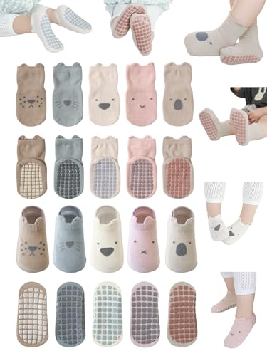 Toddler Non-Skid Socks with Grips Baby Girls Boys Anti-Slip Crew & Ankle Cartoon Socks for Infants 10 Pairs