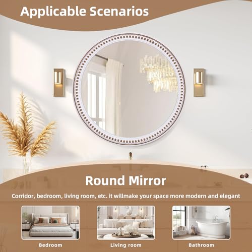 Image of 24 Inch Round Wall Mirror, Rustic Farmhouse Wooden Mirrors for Bathroom | Over Sink Accent, Circle Decorative Look, Ideal for Entryway, Living Room, Bedroom, and Hallway Styling