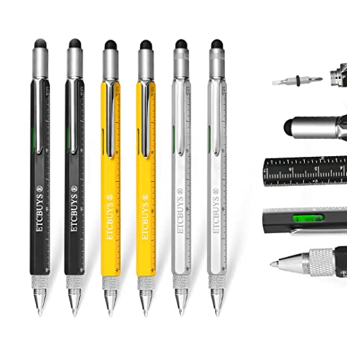 ETCBUYS 6-in-1 Multitool Pen, Aluminum Handle, Multifunction Pen Tool for Handyman, Office, Woodworkers, Carpenters, Unique Gifts - 6 Pack