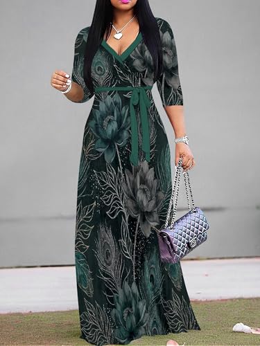 Image of PinkPatty Plus Size Maxi Dresses for Women Casual Flowy Long Dress 3 /4 Sleeve V Neck Wrap Dress with Belt