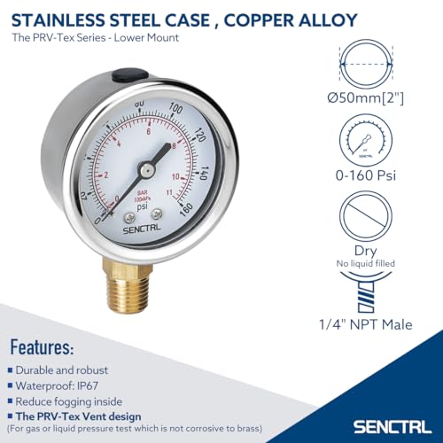 Image of SENCTRL 0-160 Psi Pressure Gauge, 2 inch Dial, 1 /4 NPT Lower Mount, Waterproof, Stainless Steel Case, for Pneumatic Regulator Air Compressor RV Regulator Water Tire Pressure Test