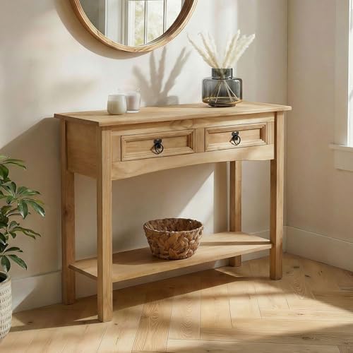 CARO-Möbel Konsolentisch Salsa im Mexiko Stil Schreibtisch Beistelltisch Kiefer massiv, gebeizt gewachst mit 2 Schubladen, 1 Ablageboden