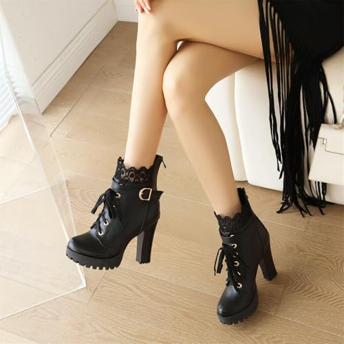 Image of FOREADA Goth Boots Chunky Heel Boot For Women Ankle Combat Booties Black Platform Bootie Buckle Rivets Punk Goth Shoes With Zipper