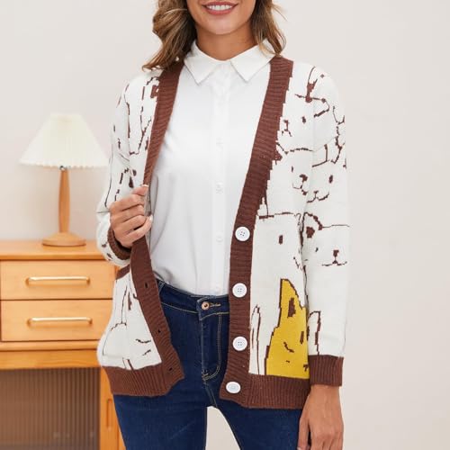 VDWIP Women Cardigan Sweater Cartoon V Neck Button Down Open Front Cat Print Knit Cardigan Vintage Sweater Outwear (Brown-Medium New1)2