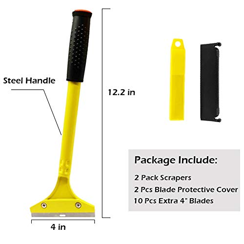 Razor Scraper, Durable Steel Wallpaper Remover Razor Blades Yellow Cleaning Tool for Scraping Labels, Decals, Stickers, Caulk, Paint from Glass, Window, Floor (2 Pack, 10 Extra Razor Blades)