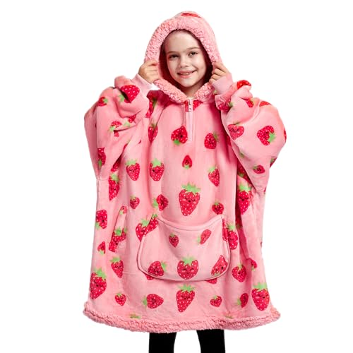 Image of Giggling Getup Wearable Blanket Hoodie for Girls and Boys Warm Cozy Sherpa Fleece Hooded Blanket Sweatshirt Oversized Hoodie with Giant Pocket & Sleeves for Kids Strawberry