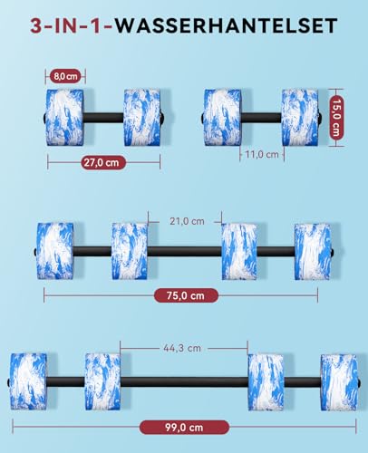 HAPBEAR 3-in-1 Wasserhanteln mit Verbindungsstange – 2er-Set Aqua Hanteln & Wassergymnastik Zubehör – Aquafitness Geräte für Reha, Schwimmtraining & Wassersport
