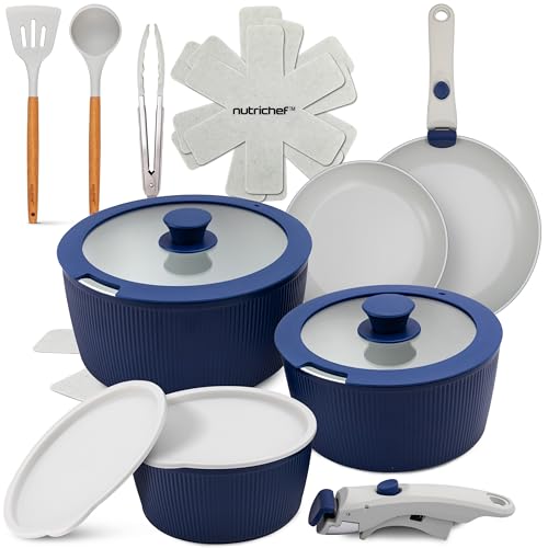 NutriChef bateria cocina mango extraible, Ceramica, 18 piezas, Juego de ollas y sartenes,...