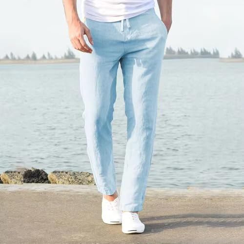 Men’s Linen Pants Casual Dress Pant Lightweight Elastic Waist Drawstring Summer Beach Trousers with Pockets2