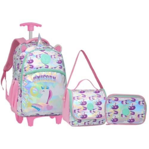Kit Mochila De Rodinha Unicórnio Holográficos Com Lancheira Térmica Estojo Organizador (Rosa)