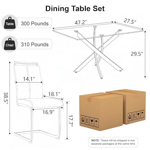 Image of 5 Piece Glass Dining Table Set for 4, Modern Tempered Glass Top Kitchen Table and Chairs Set, 4 Upholstered Chairs and Faux Leather Cushions, Space-Saving Small Apartment Dining Set