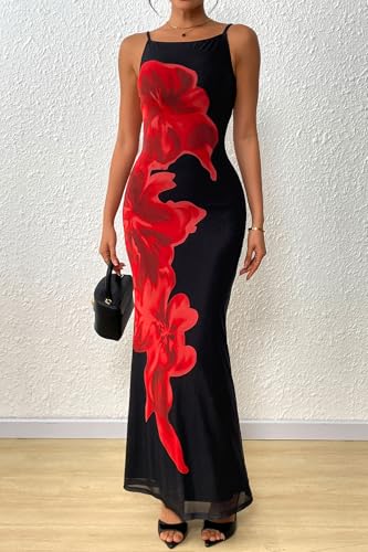 PRETTYGARDEN Womens Summer Dresses 2025 Elegant Spaghetti Straps Evening Gown Floral Print Bodycon Maxi Mesh Sundress3