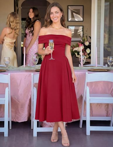 Image of ZESICA Summer 2026 Cocktail Dresses for Women's Off Shoulder Short Sleeve Swing A Line Wedding Evening Party Midi Dress