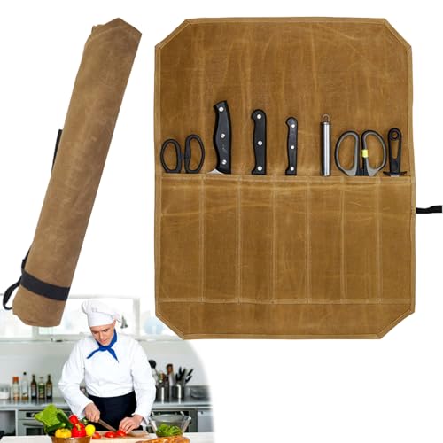 Messertasche Kochmesser,Messerrolle mit 7 Fächern Werkzeug Rolltasche,Kochmesser Rolltasche,Tragbare Koch Messer Tasche,Multifunktionale Aufbewahrung Tasche,Kaki Messerkoffer für Camping Wandern