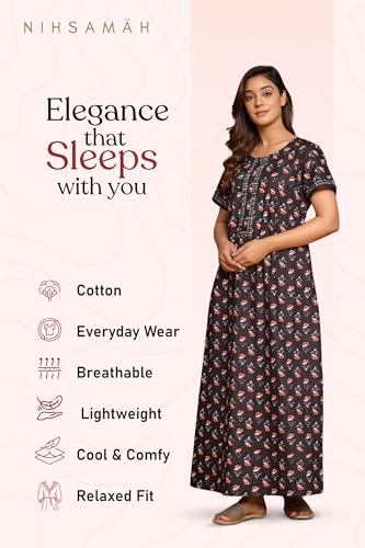 Image of NIHSAMAH Cotton Nighty for Women with Pocket, Premium Printed Long Nighty | Comfortable & Fancy Sleepwear /Nightwear