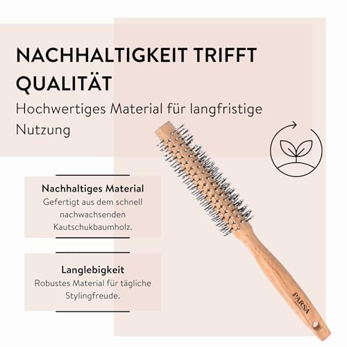 PARSA Beauty Rundbürste 14 mm – Stylingbürste für Volumen und kurzes Haar, Föhnbürste aus Kautschukholz, Ergonomisches Design, Für feines bis mitteldickes Haar, Umweltfreundlich & langlebig