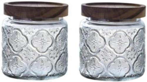Hrzisda保存容器 ガラスの保存瓶 2個入り 食品の保存容器 木の蓋をした気密な食品の瓶 キャニスター スパイスのためのキッチンキャニスター お茶 コーヒー豆 砂糖 キャンディー クッキー ベゴニアの花図案 (小さい + 小さい)
