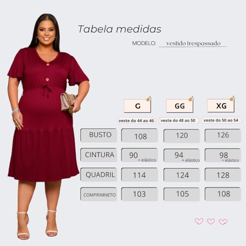 Vestido Midi Feminino Luxo De Manga Plus Size Evangélico (BR, Alfa, GG, Plus Size, Regular, bordo)