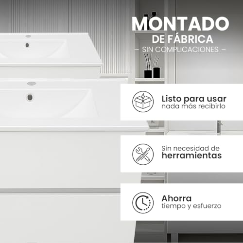 EL BAÑO MODERNO Juego Mueble Baño con Lavabo. Mueble Lavabo 80 cm. Mueble Bajo Lavabo Compacto Preinstalado de Fábrica. Mueble Baño con Lavabo 80 cm con Pie de Porcelana. No Incluye Espejo. - imagen 5