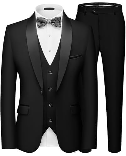 Autsel Mens Suits 3 Piece Slim Fit Tuxedo Suit Shawl Lapel Single Breasted One Button Blazer Waistcoat Trousers Wedding Set Black XL