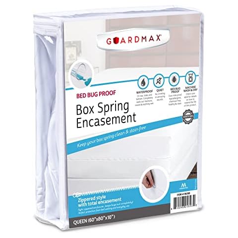 Guardmax Zippered Box Spring Encasement - 100% Waterproof Box Spring Protector - Blocks Out Dirt, Dust, BedBugs, and Moisture - Hypoallergenic and Noiseless (Queen 60" x 80" x 10") Cover