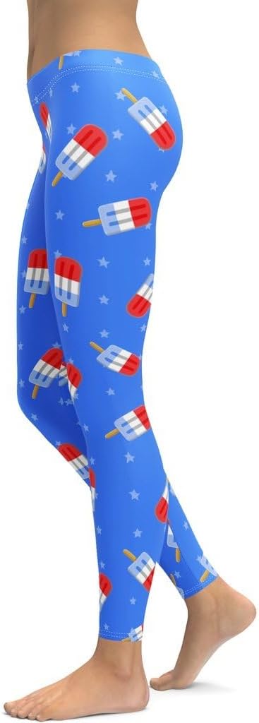 FIERCEPULSE Popsicle Pattern Patriotic Leggings for Women - Stretchy Pants Printed Leggings for Workout & Exercise