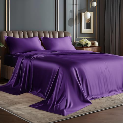 BEDELITE King Size Sheets Set Luxury Soft Plum Purple Satin Sheets for Hair and Skin Similar to Silk Bed Sheets Set 4 Pieces with 1 Deep Pocket Fitted Sheet 1 Flat Sheet and 2 Pillowcases