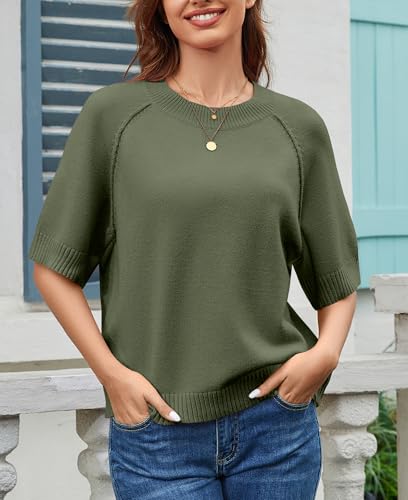 Image of ZDC Women's Short Sleeve Sweaters 2026 Fall Lightweight Loose Fit Knit Pullover Tops