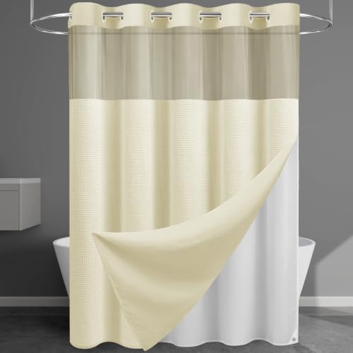 EUTXL Heavyweight Waffle Ringless Shower Curtain with Liner, 71x74, Ivory
