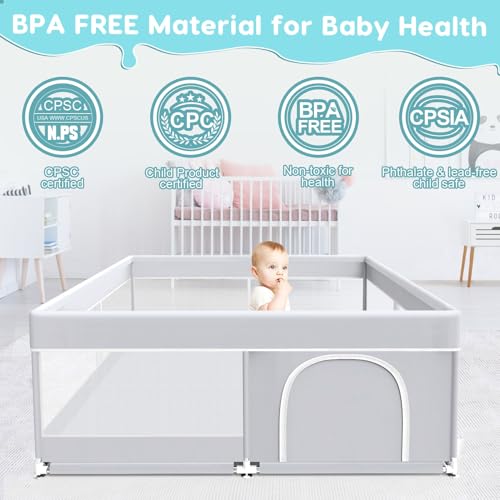 Baby Playpen, 50x50 Inch Baby Playard for Babies and Toddlers, Play Pens for Indoor & Outdoor, Sturdy Safety Play Yard with Soft Breathable Mesh, Anti-Fall, Grey - Image 5