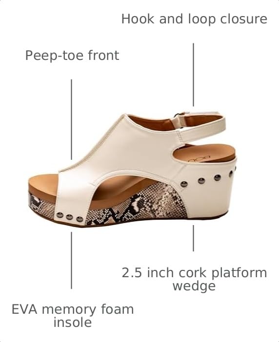 Image of Corkys Footwear Womens Carley Wedges, Featuring Corkys EVA Foam Cushioned Insoles, A 2.5 Inch Heel, Lightweight For All Day Wear, And Hook And Loop Closure