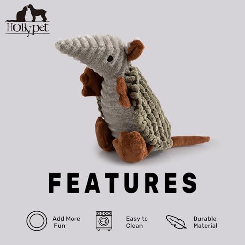 Image of Hollypet Plush Dog Squeaky Toy Stuffed Armadillo Animal Pet Puppy Chew Toys with Clean Teeth for Small Medium Large All Breed Sizes Dogs, Olive Drab, 8 in