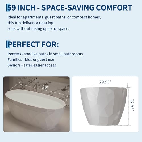 Image of GarveeLife 59 Inch Freestanding Bathtubs, Soaking Tub, Modern Free Standing Bathtub with Integrated Overflow, Deep Ergonomic Design for Spa-Like Relaxation, Acrylic