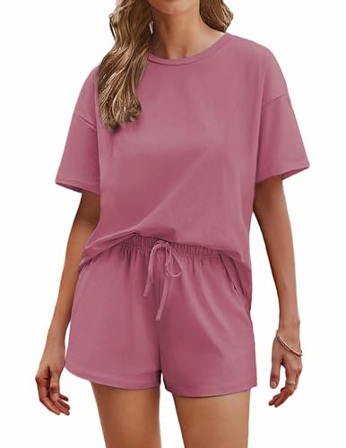 Image of Ekouaer Cotton Pajamas Set for Womens Soft Short Sleeve Lounge Set Shorts Sleepwear Set 2 Piece Pjs Sets