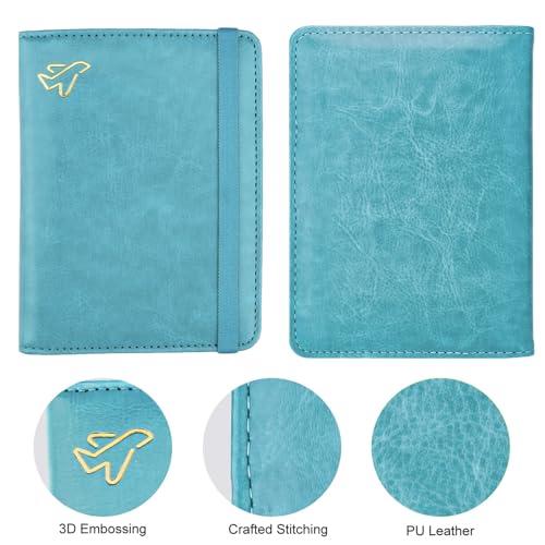 Image of WALNEW Passport Holder for Travel, RFID Passport Cover Wallet for Women Men, PU Leather Passport Book Card Holder Case with Pen (Elastic Band Closure, C-Blue)