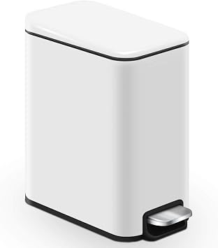 Pedal Trash Can with Lid, Pedal-Operated, Compact, Noiseless, Odor-Resistant, Space-Saving, Stainless Steel, 1.3 Gal 5 L, Rectangular White