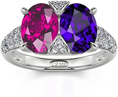 Jeulia Sterling Silver Purple Amethyst Women Ring Women's 2-Stone Engagement Ring Oval Fancy Pink diamond Promise Wedding Band Anniversary Crystal Halo Bridal Ring Set with Jewelry Gift Box