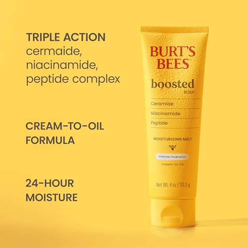 Image of Burt's Bees Boosted Body Moisturizing Melt With a Ceramide, Niacinamide and Peptide Complex, Intense Skin Hydration, Cream-to-Oil Body Lotion Helps Support Skin Barrier, Tropical Scented, 4 oz. Tube