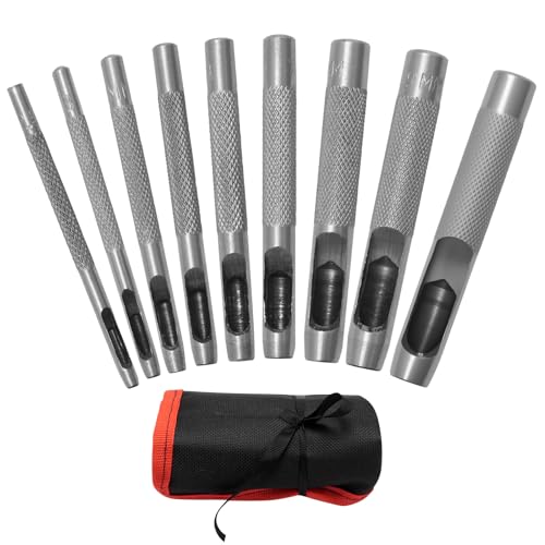MospdyGear 9-teiliges Lederlocher-Set Rundlocher aus Legiertem Stahl (2 510 mm) Rutschfester Griff mit Aufbewahrungstasche für Leder Stoff und Bastelprojekte