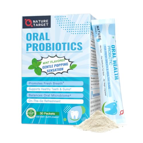 Image of NATURE TARGET Oral Probiotics for Mouth Bad Breath, 30 on-the-go Packets | 9 Billion CFU, Popping Probiotic Powder, with Zinc & Vitamin C for Healthy Teeth & Gums, Sugar-Free, Natural Mint Flavor