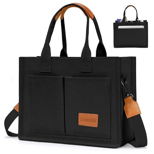 Bolsa de lona feminina com bolsos, bolsa transversal, bolsas de ombro, bolsas de trabalho casuais, bolsa de mão, Preto, Large, Sacolas de lona