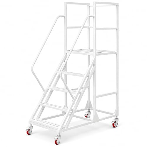 Image of 5 Step Rolling Ladder with Handrails, 1100 lbs Capacity Heavy Duty Mobile Warehouse Ladder with Wheels, Industrial Steel Non-Slip Rolling Stairs with Large Platform, for Garage Stockroom Library