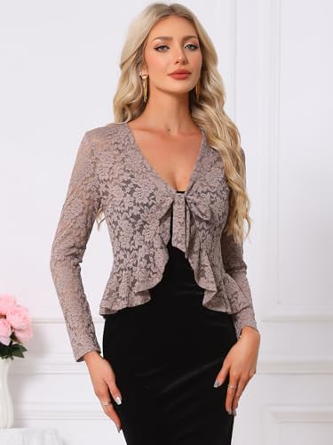Image of Allegra K Bolero Shrug for Women's Lace Cardigan Tie Front Crop Ruffled Formal Dressy Wedding Shrugs
