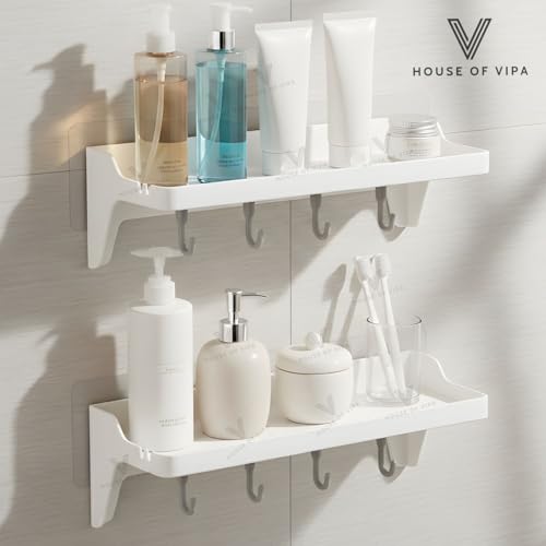 Image of HOUSE OF VIPA Bathroom Shelf for Wall, Self-Adhesive Bathroom Organiser with Towel Holder, Ideal Bathroom Accessories for Efficient Space Utilisation (Bath Shelf Rack, Pack 2)