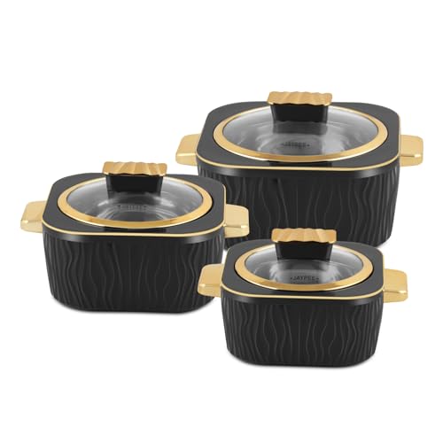 Image of JAYPEE Crinkle Klass Inner Stainless Steel Casserole Set of 3(1000+1500+2000) ml PUF Insulated Gold Finish Handle Lockable Lid BPA Free Hot Box for Kitchen Roti Box Hot Pot Serving Casserole,Black