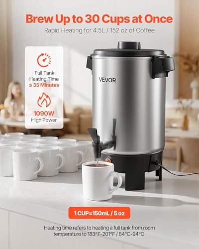Image of VEVOR Commercial Coffee Urn, 30 Cup 4.5 L Hot Beverage Dispenser with Dripless Faucet, Quick-Brewing Commercial Coffee Maker, Automatic Temperature Control, for Catering, Party, Church & Restaurant