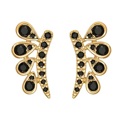 FETTERO Stud Earrings for Women - 14K Gold Plated CZ Hypoallergenic Earrings Studs Dainty Black CZ Leaf Gold Earrings for Women Trendy Statement Jewelry