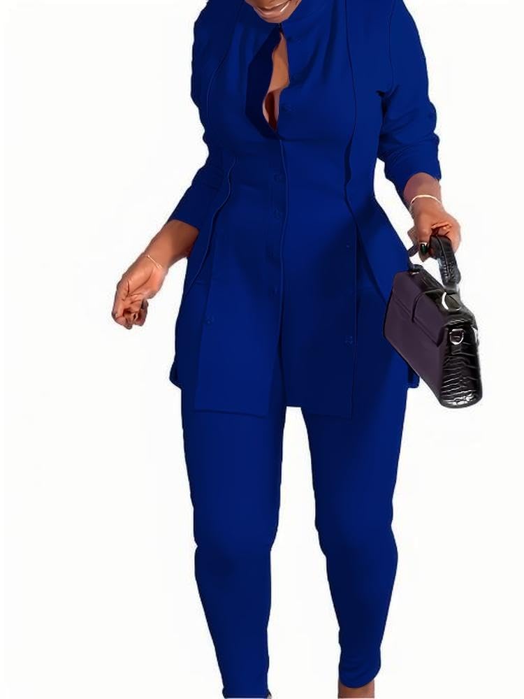 Plus Size Womens Button-Front Blazer and Pants Set Curvy Long Sleeve Professional Two-Piece Suit